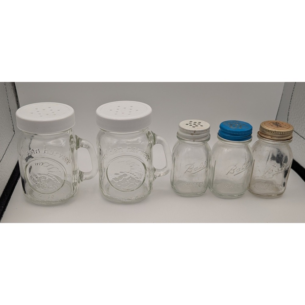 Ball Golden Harvest Glass Mason Jar Salt Pepper Shaker Set 5pc Clear Vintage